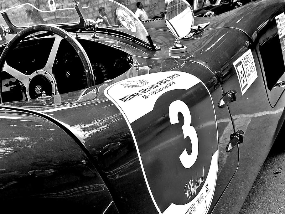 fotografie ve stupních šedi, vozidlo, klasické auto, jaguár, e-type, vinobraní, retro, doprava, chrom, design, starý
