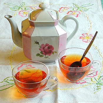 tè, bevanda, bere, tazze, tavolo, tovaglia, teiera, caldo, rinfresco, erbaceo, tazza di tè