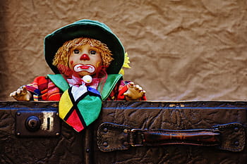 sad, clown doll, brown, wall, doll, clown, farewell, cute, children, funny, sweet
