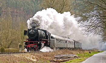 šedá, Černá, vlak, zelená, vysoký, kadeř, lokomotiva, dráha, parní lokomotiva, plán páry, časný vlak