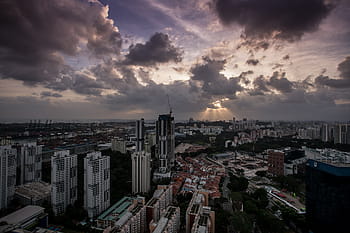 aerial, view, high-rise, building lot, ray, cloud, sunset, sky, light, sun, nature