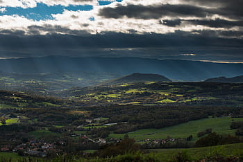 ptačí oko, Pohled, hory, zelená, hora, modrý, nebe, tráva, vysočina, stromy, rostlina