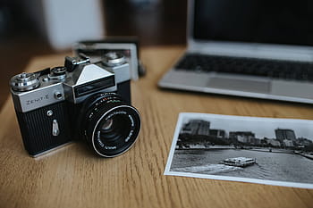 kamera zenit, hitam-putih, foto, kayu, meja, Tua, Zenit, kamera Canon, meja kayu, vintage, kamera
