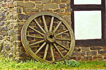 bruin houten wiel, wiel, wagenwiel, cartwheel, houten wiel, hout, spaken, oud, nostalgie, oud wagenwiel, landbouw
