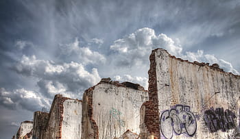 šedá, bílý, beton, stěny, zataženo, nebe, hdr, zničené oblasti, staré továrny, pustý, opuštěné oblasti