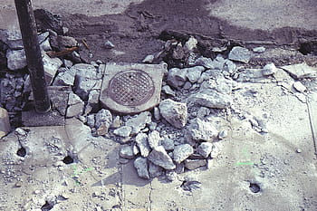 šedé kameny, Černá, kov, pól, u, šedá, beton, řezů, konstrukce, ulice, chodník