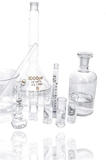 Průhledná, skleněná láhev, kapalný, laboratoř, výzkum, chemie, test, experiment, mnoho, farmaceutický, bílý