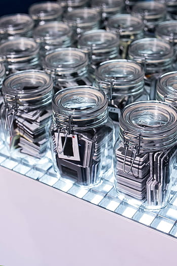 Glass krukker, Diverse, elementer, samling, glass, gryte, krukke, gjennomsiktig, metall, stor gruppe gjenstander, på rad