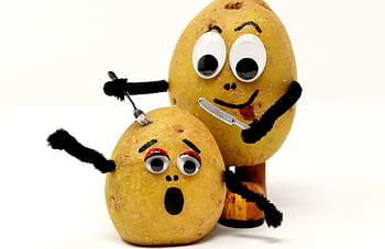 two, potatoes, eyes, white, surface, anxious, panic, cannibal, funny, knife, fork