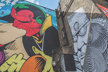 largo, tiro in angolo, grande, murale di arte di strada, catturato, est, Londra, canon dslr, angolo ampio, tiro, murale