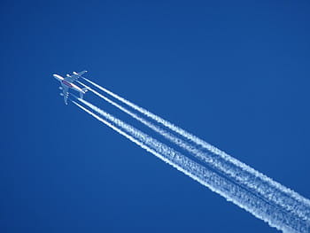 letadlo, contrail, nebe, vzduch, létat, polojasno, leták, počasí, teplý, vzdušný, modrá obloha
