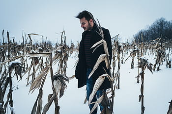 people, man, field, snow, winter, cold, weather, white, fashion, jacket, beauty