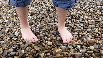 child, standing, stones, barefoot, foot, toes, wet, flushed, pebble, drop of water, pubs