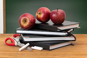 ripe, apples, notebook pile, school, books, blackboard, green board, education, learn, knowledge, study